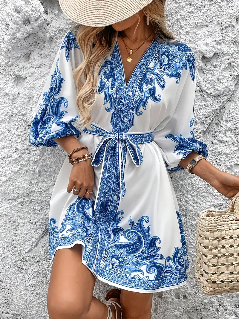 Gwenda | Vestido Evasé Estampado Paisley Cuello V