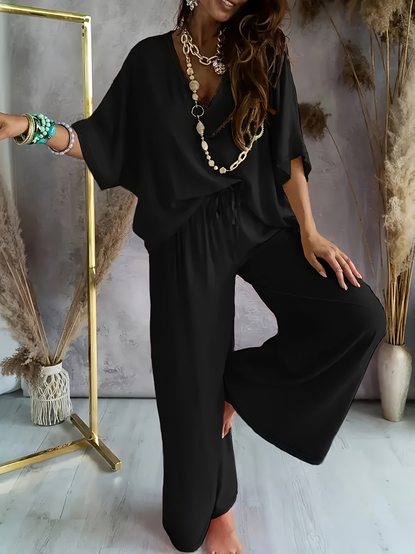 Essime | Conjunto De Dos Piezas Con Cuello en V Y Pantalones De Pierna Ancha
