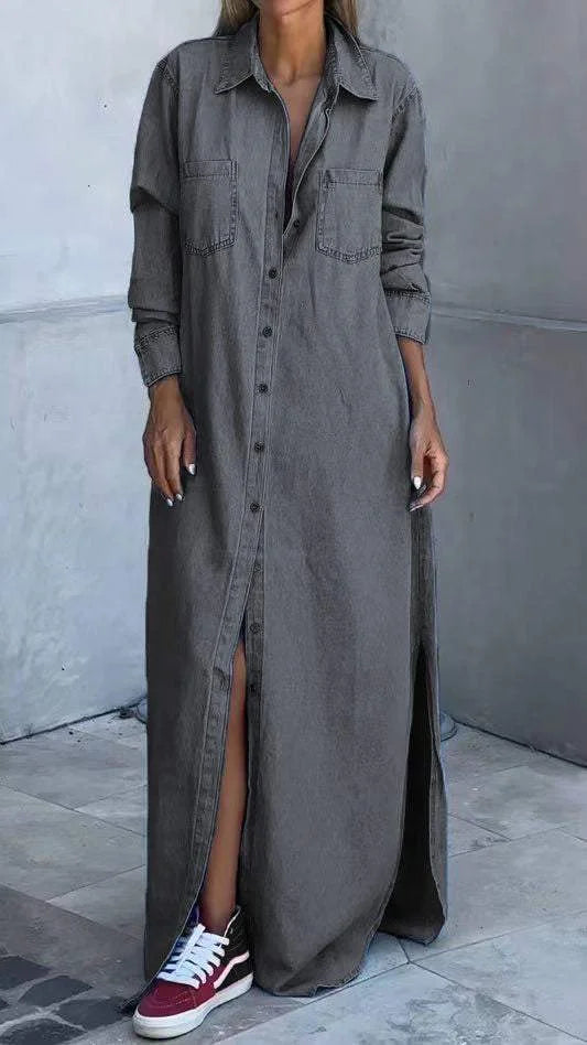 Vallina - Vestido Camisero Largo De Denim Con Cuello Y Botones en La Parte Delantera