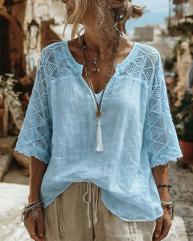 Essien - Blusa Holgada Con Cuello en V y Mangas de Encaje