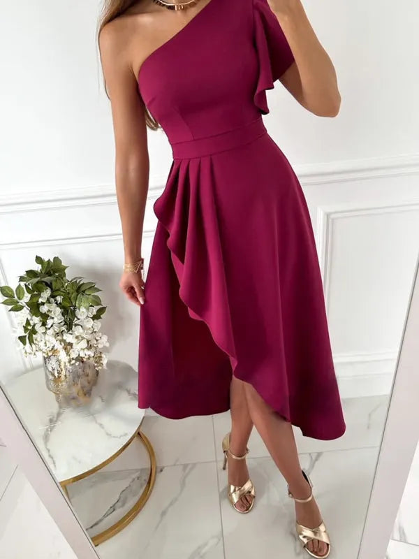 Mirina | Vestido midi de un solo Hombro con bajo Asimétrico