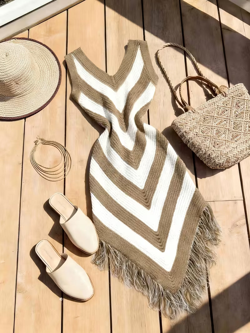 Foley |  Vestido MIDI Sin Mangas De Punto Con Cuello en V Y Estampado De Chevrón