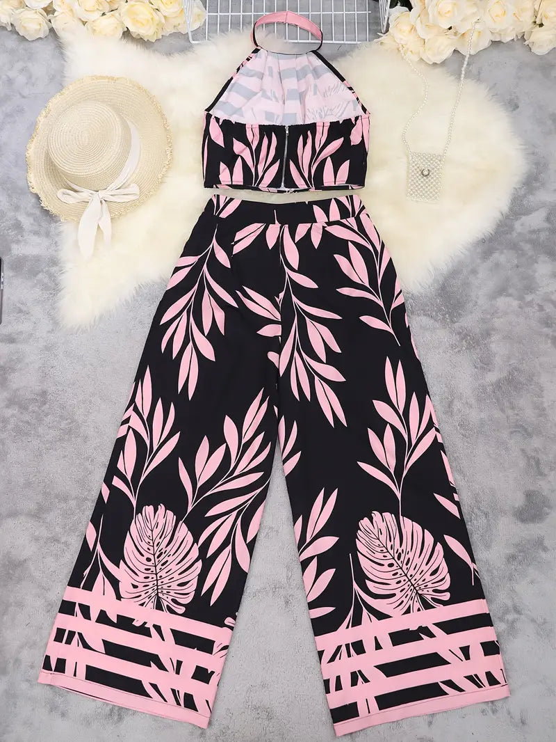 Zirina | Conjunto De Top Corto Con Cuello Halter Y Pantalón De Pierna Ancha