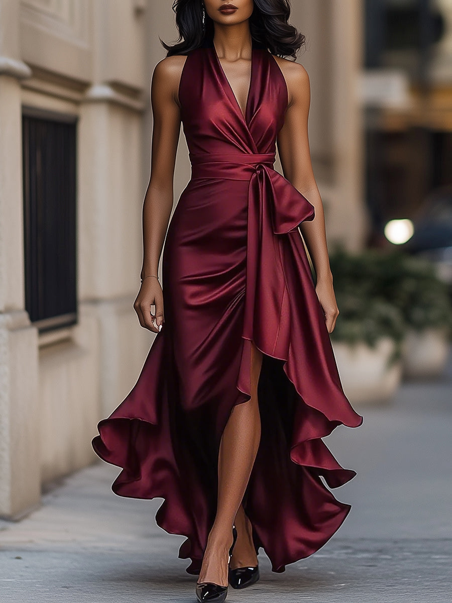 Imesha | Vestido Satinado Halter con Drapeado
