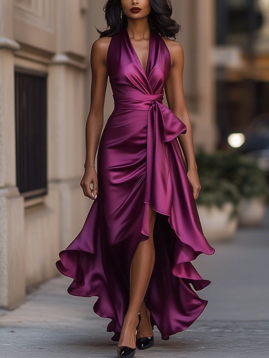 Imesha | Vestido Satinado Halter con Drapeado
