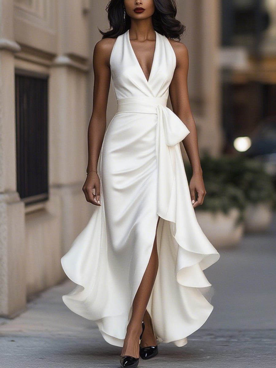 Imesha | Vestido Satinado Halter con Drapeado