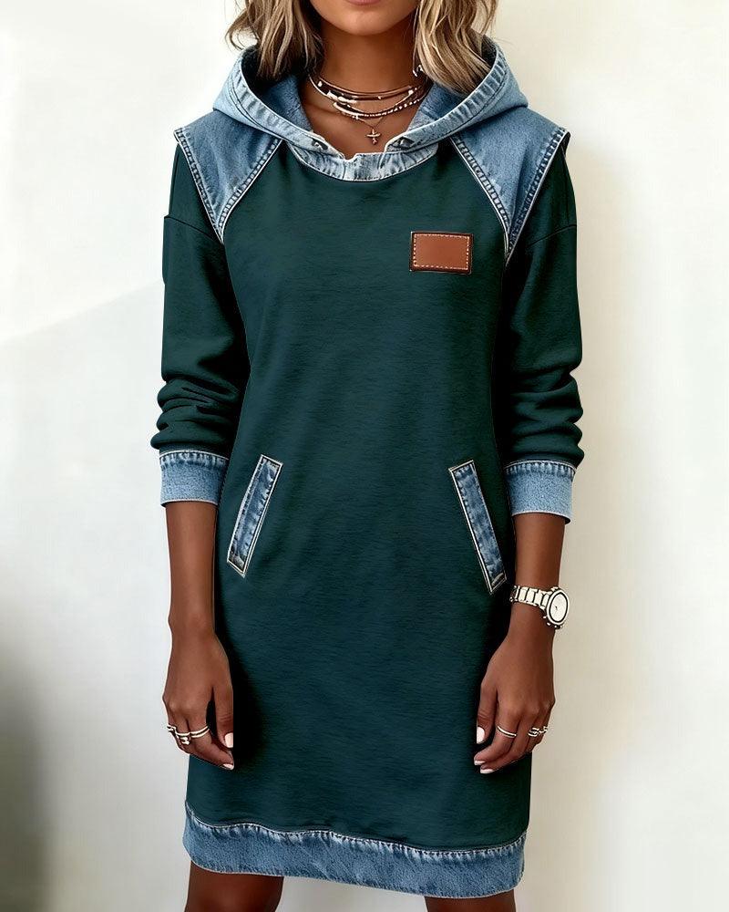 Viktoria - Vestido sudadera con capucha y ribetes de denim