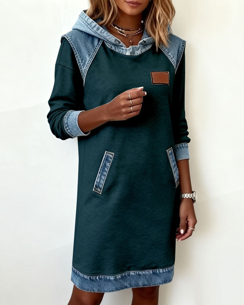 Viktoria - Vestido sudadera con capucha y ribetes de denim