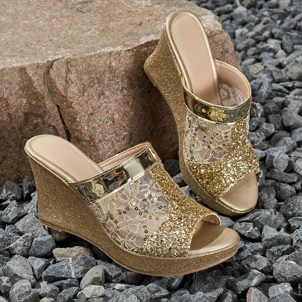 Alexis | Sandalias De Cuña Con Encaje Brillante