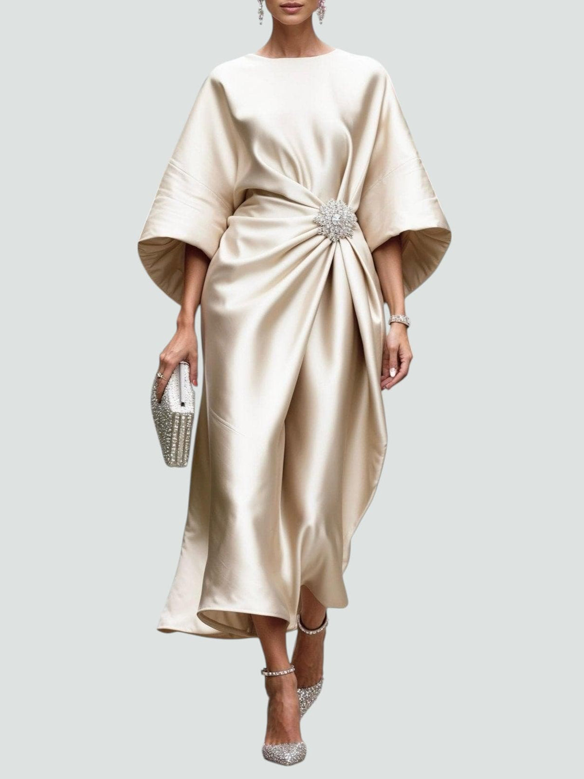 Marijona | Vestido Satén Manga Murciélago Midi Broche