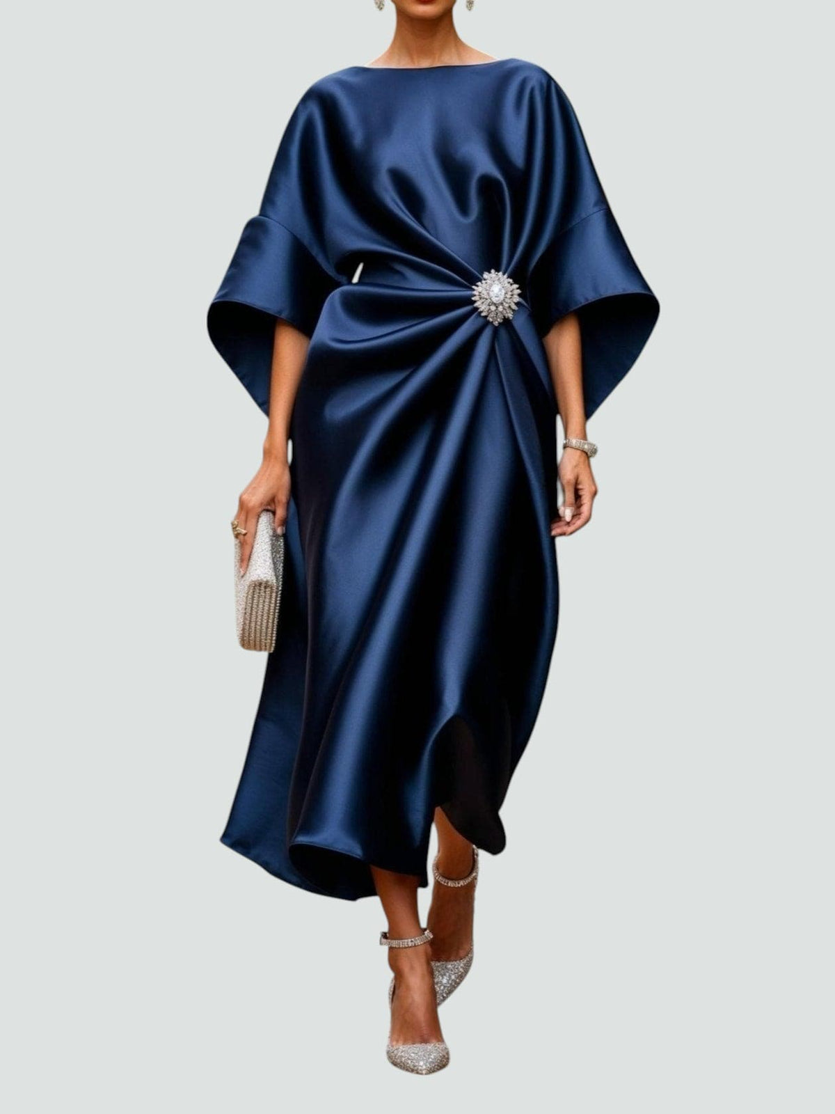 Marijona | Vestido Satén Manga Murciélago Midi Broche
