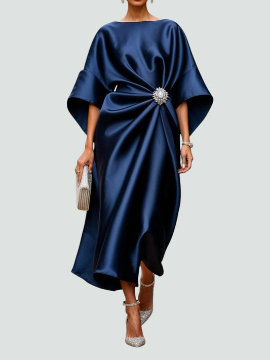 Marijona | Vestido Satén Manga Murciélago Midi Broche