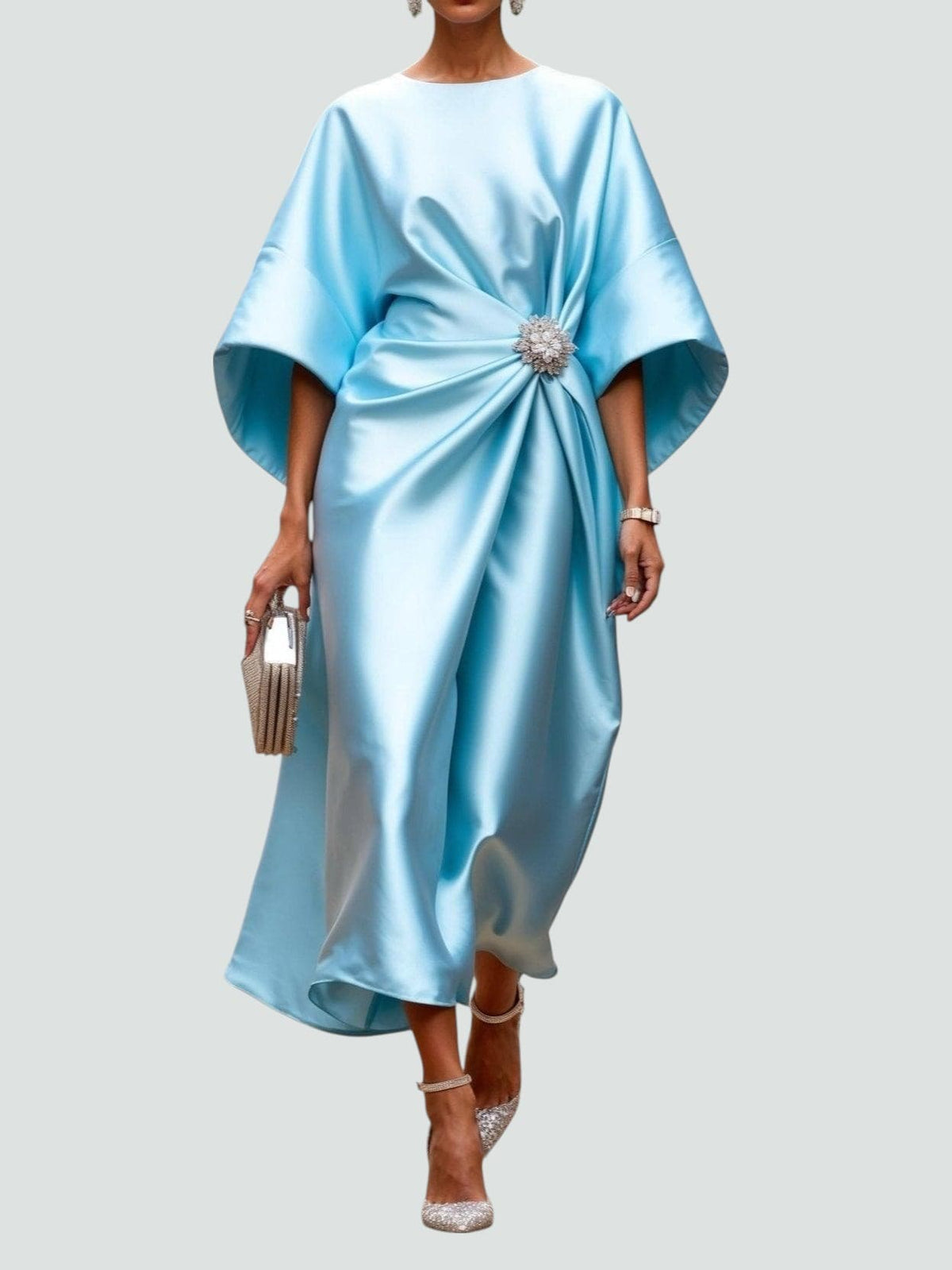 Marijona | Vestido Satén Manga Murciélago Midi Broche