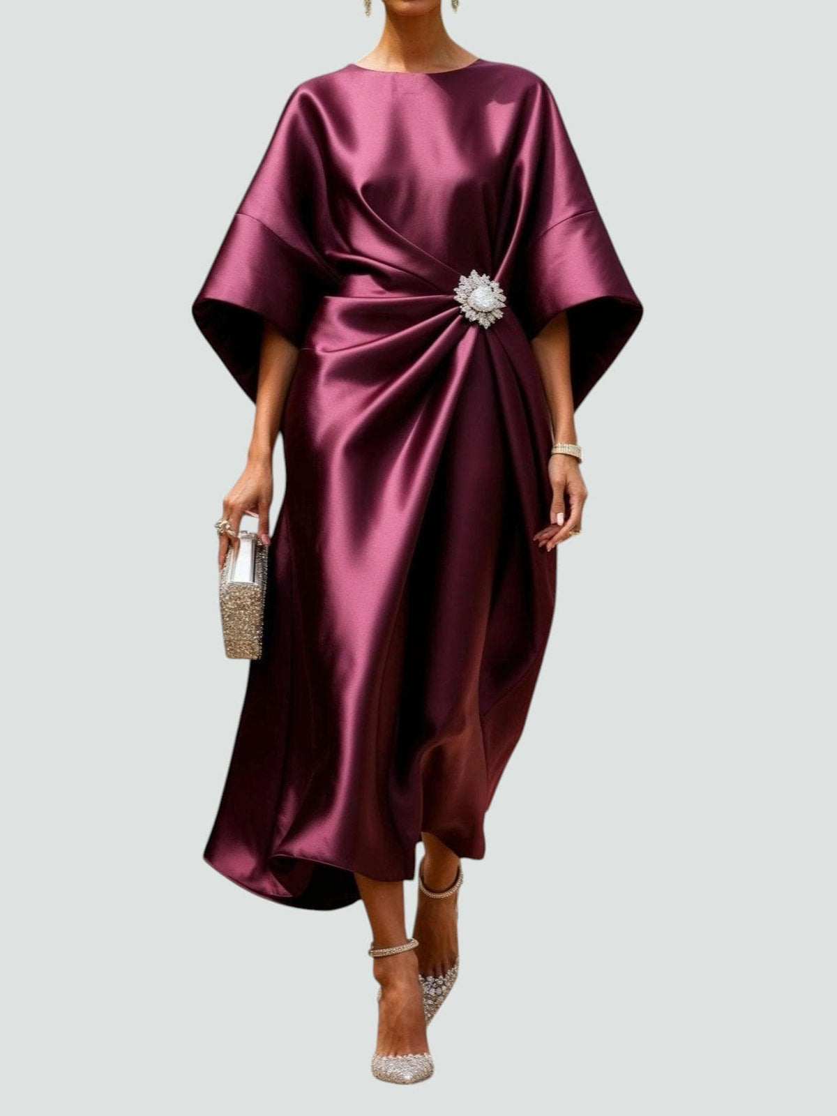 Marijona | Vestido Satén Manga Murciélago Midi Broche