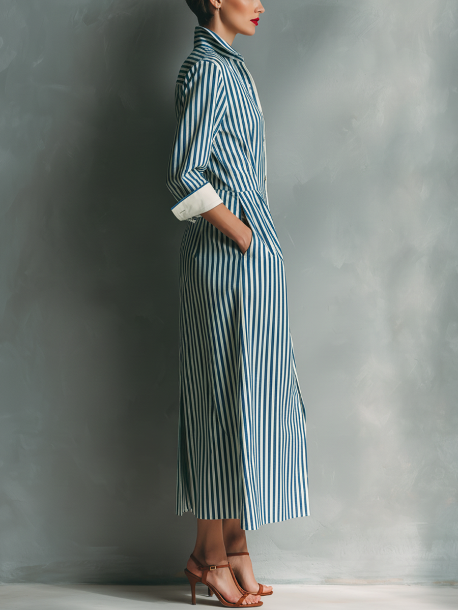 Makeda | Vestido Camisero de Manga Larga a Rayas