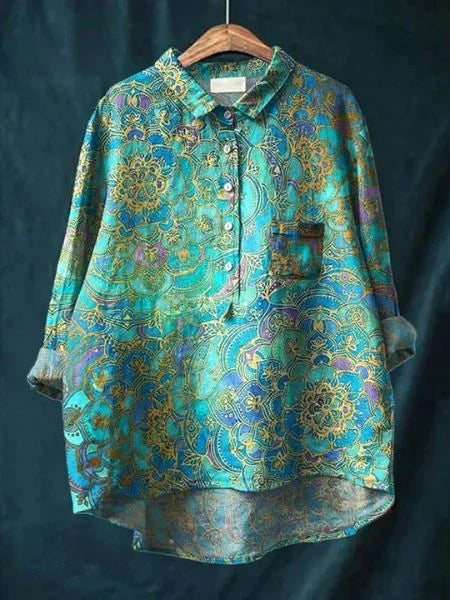 Emery - Blusa Con Estampado Floral Botones Cuello y Bolsillo en el Pecho