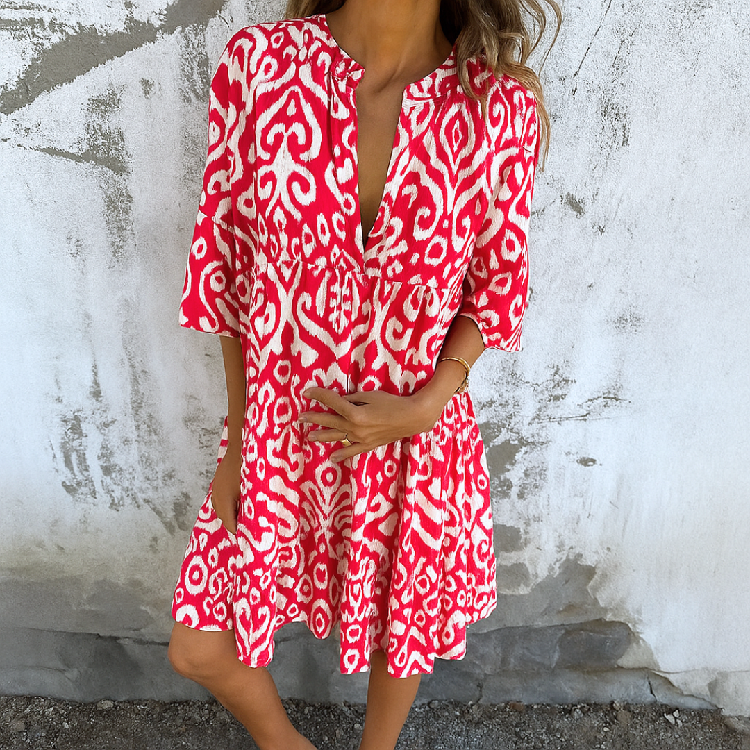 Shaffer | Vestido MIDI Con Cuello en V Y Corte Fruncido Estampado