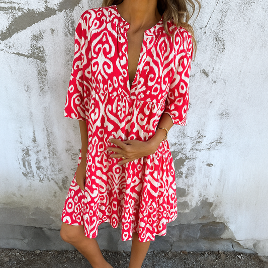 Shaffer | Vestido MIDI Con Cuello en V Y Corte Fruncido Estampado