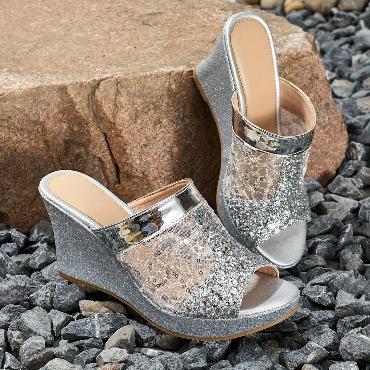 Alexis | Sandalias De Cuña Con Encaje Brillante