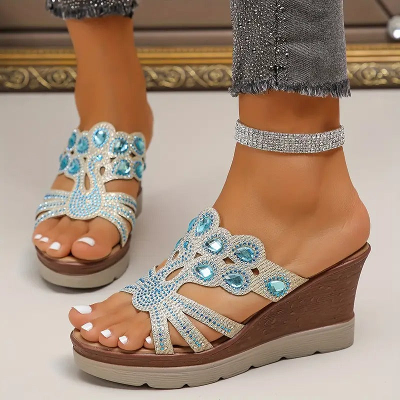 Lakeisha | Sandalias de Cuña Con Tiras Florales Con Pedrería