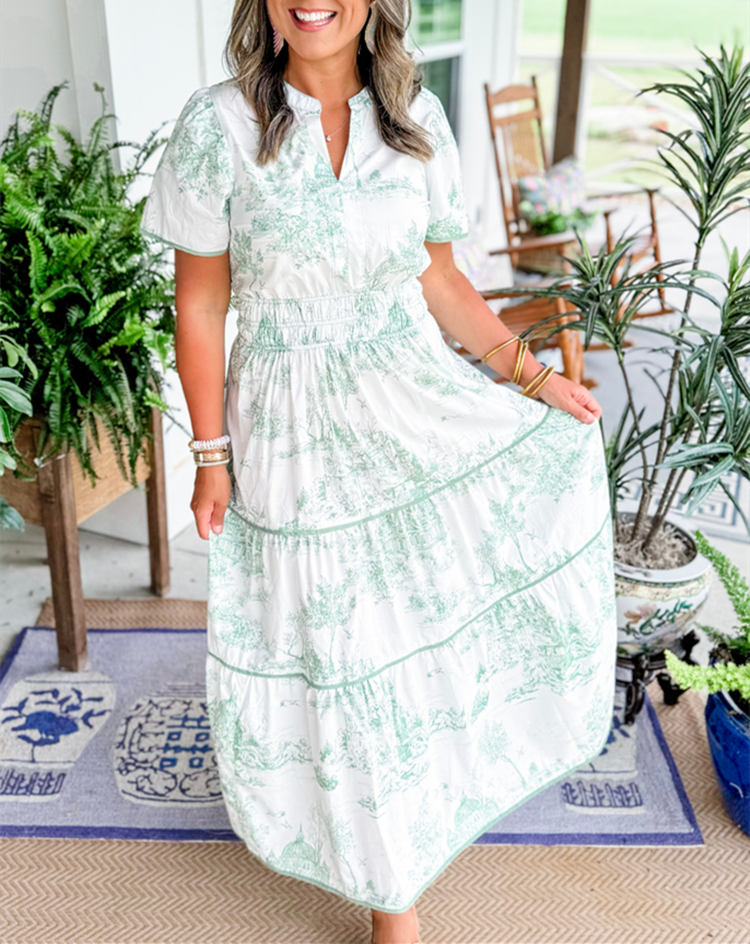 Ortrud | Vestido Largo De Manga Corta Con Estampado Y Volantes