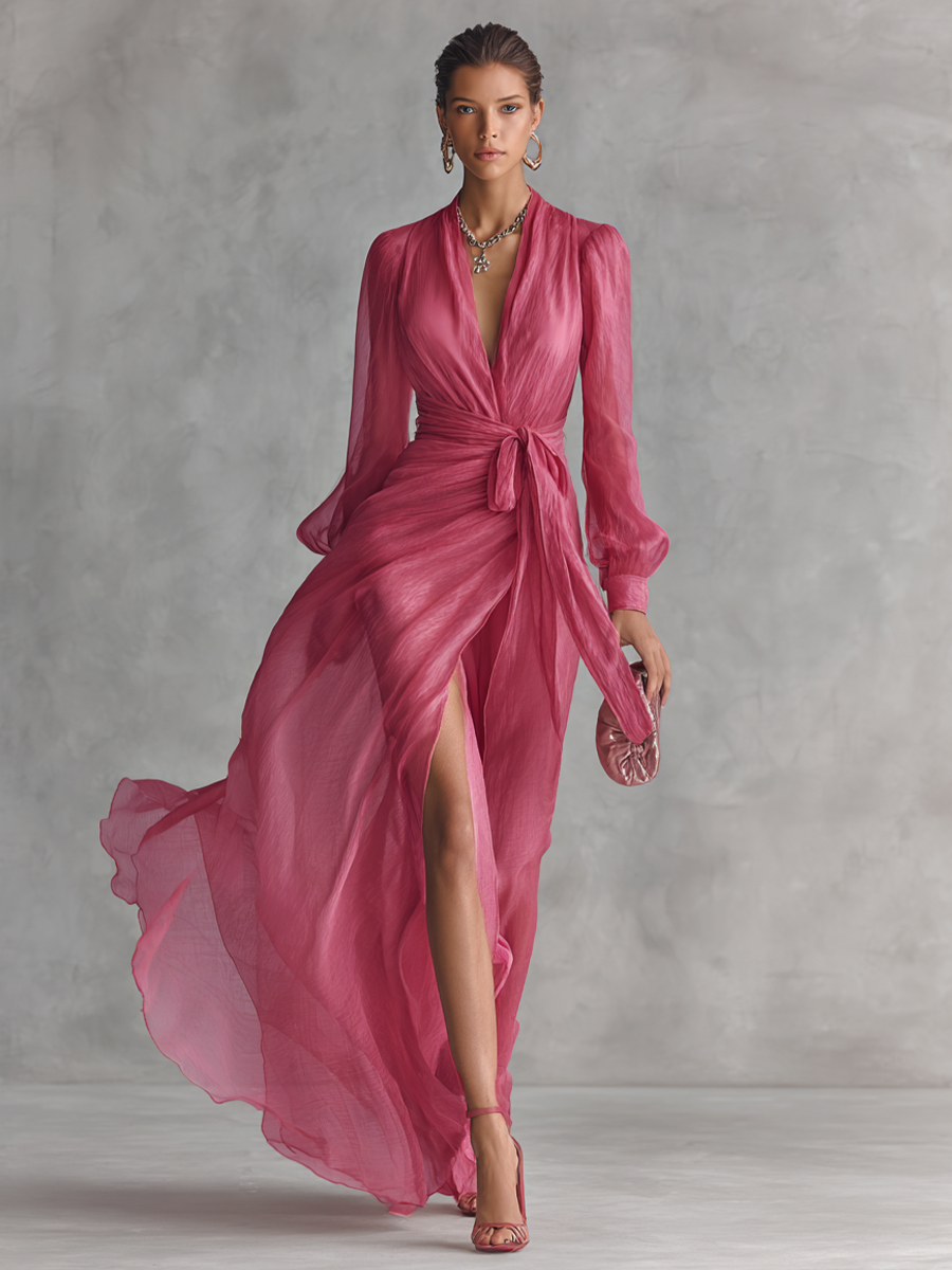 Jalesa | Vestido Largo de Manga Larga con Lazo en la Cintura