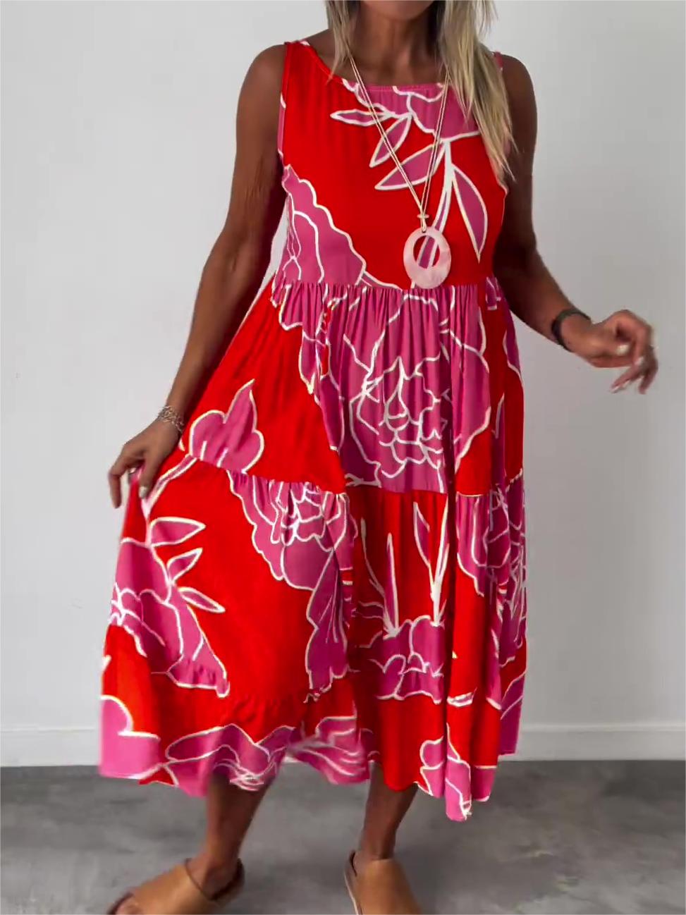 Hertha | Vestido Largo Estampado sin Mangas de Corte Amplio