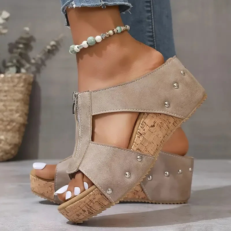 Aurea | Sandalias Cuña Corcho Cremallera Frontal