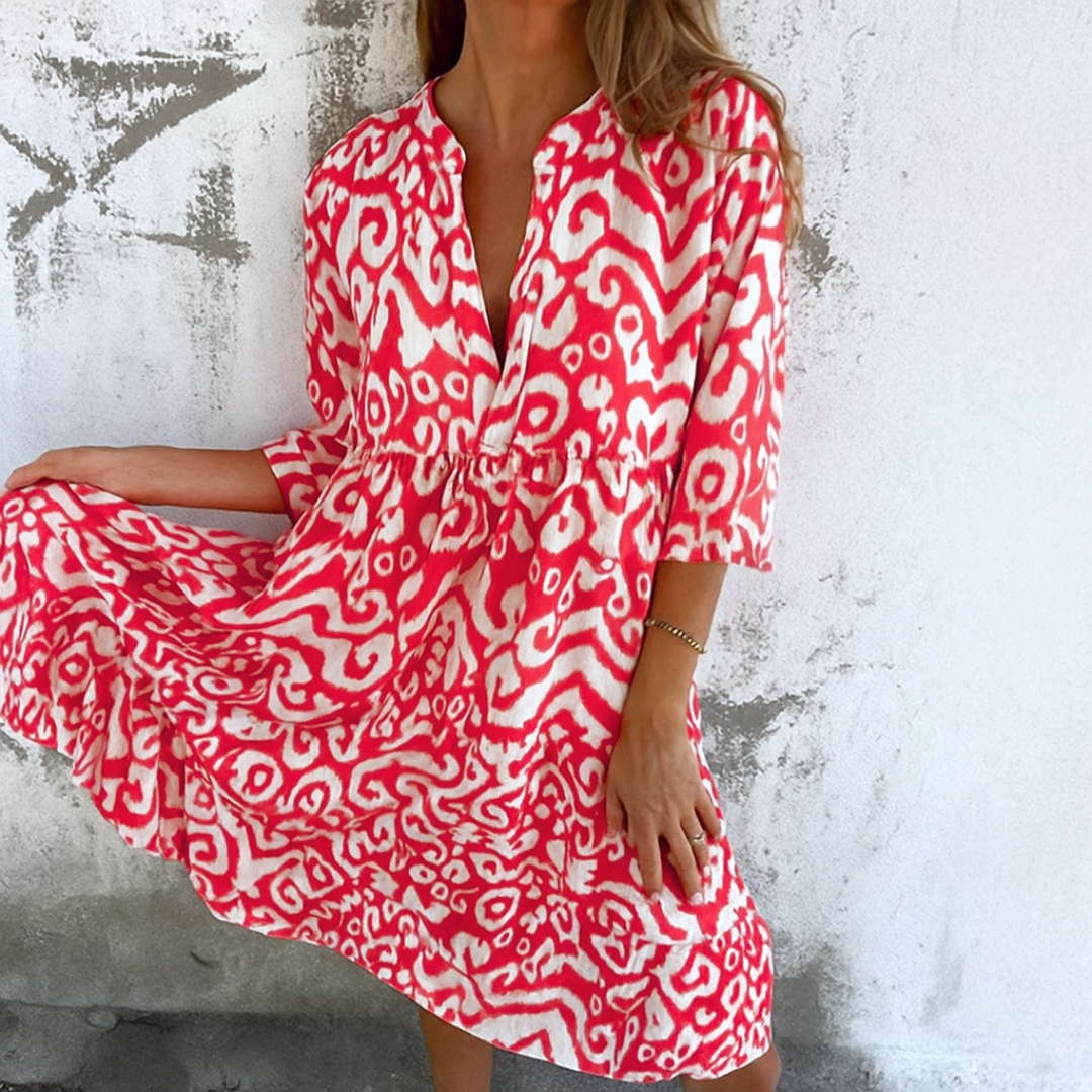 Shaffer | Vestido MIDI Con Cuello en V Y Corte Fruncido Estampado