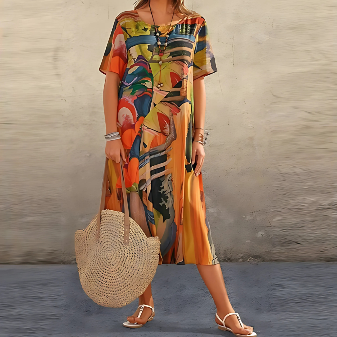 Filomena - Vestido Midi Holgado Con Mangas Cortas y Cuello Redondo