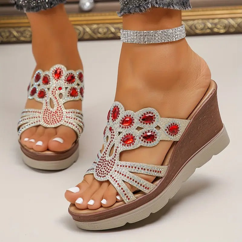 Lakeisha | Sandalias de Cuña Con Tiras Florales Con Pedrería
