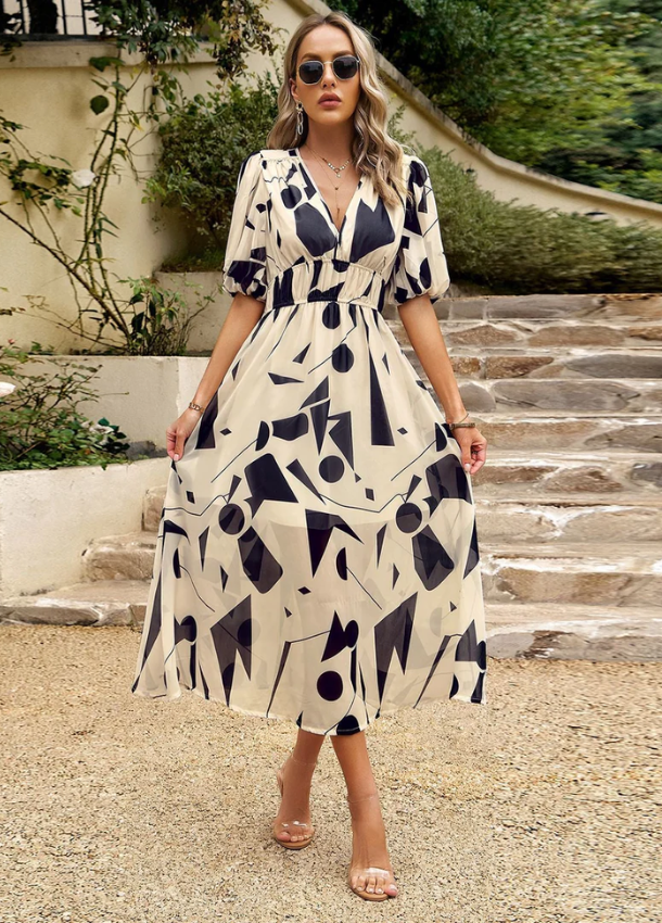 Josette | Vestido MIDI Estampado Cuello V Manga Abullonada