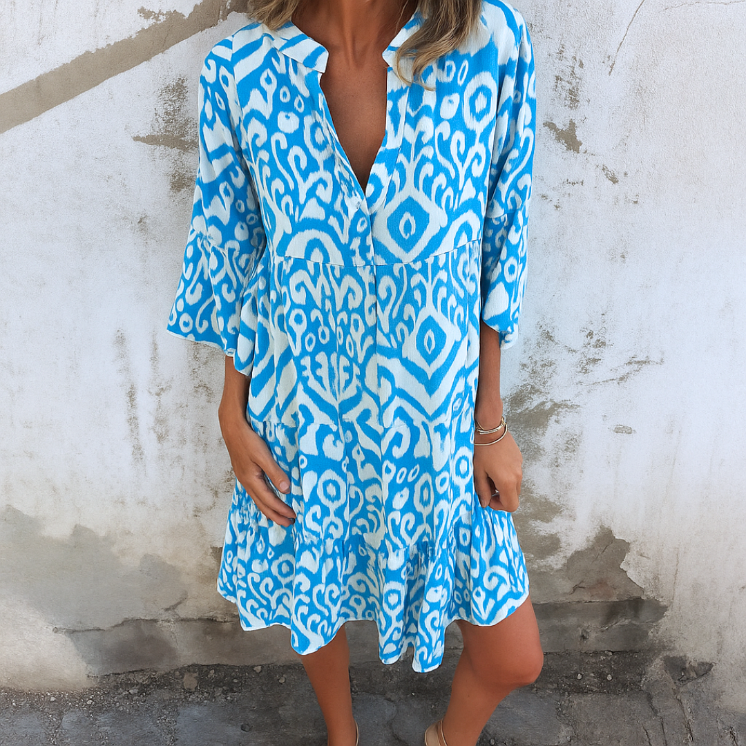 Shaffer | Vestido MIDI Con Cuello en V Y Corte Fruncido Estampado