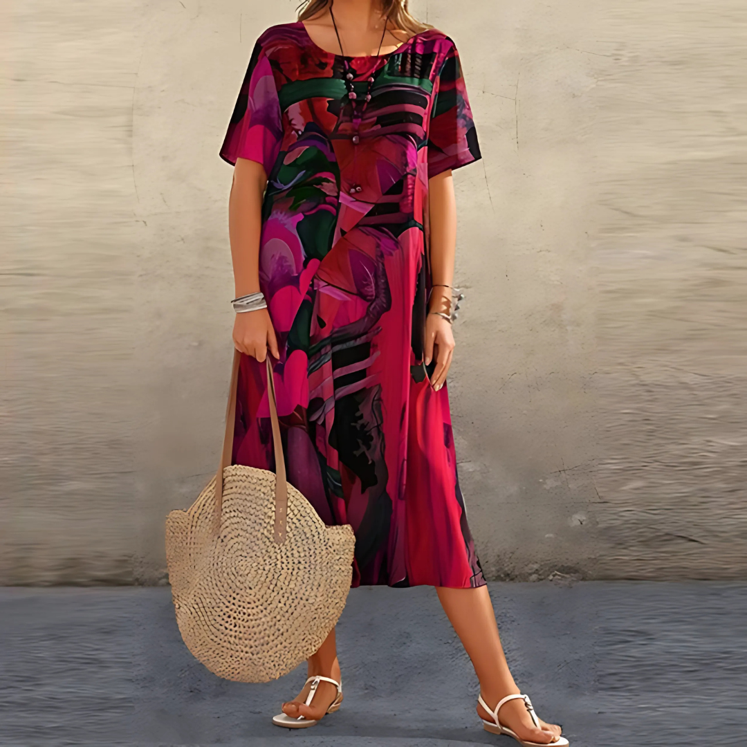 Filomena - Vestido Midi Holgado Con Mangas Cortas y Cuello Redondo