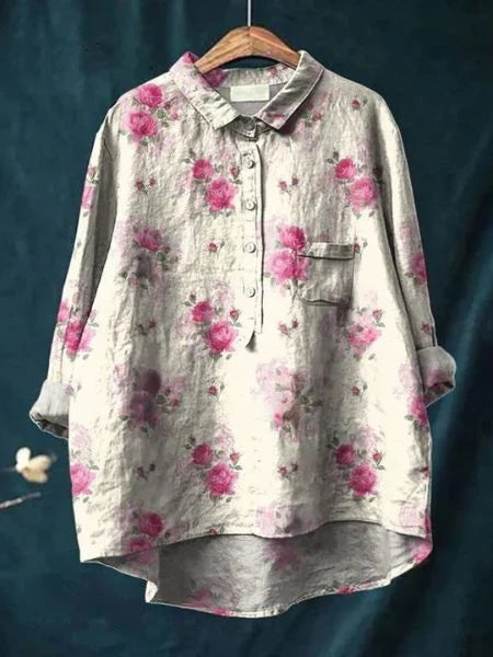 Emery - Blusa Con Estampado Floral Botones Cuello y Bolsillo en el Pecho
