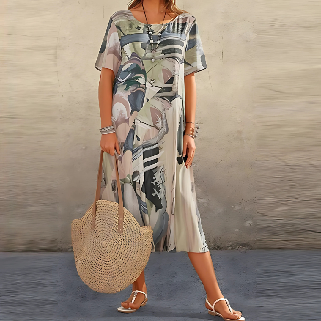 Filomena - Vestido Midi Holgado Con Mangas Cortas y Cuello Redondo