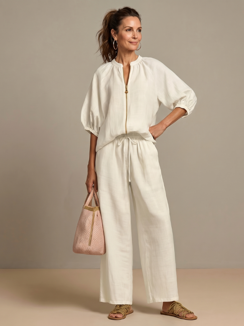Sharina | Conjunto Blusa Cremallera Pantalón Ancho