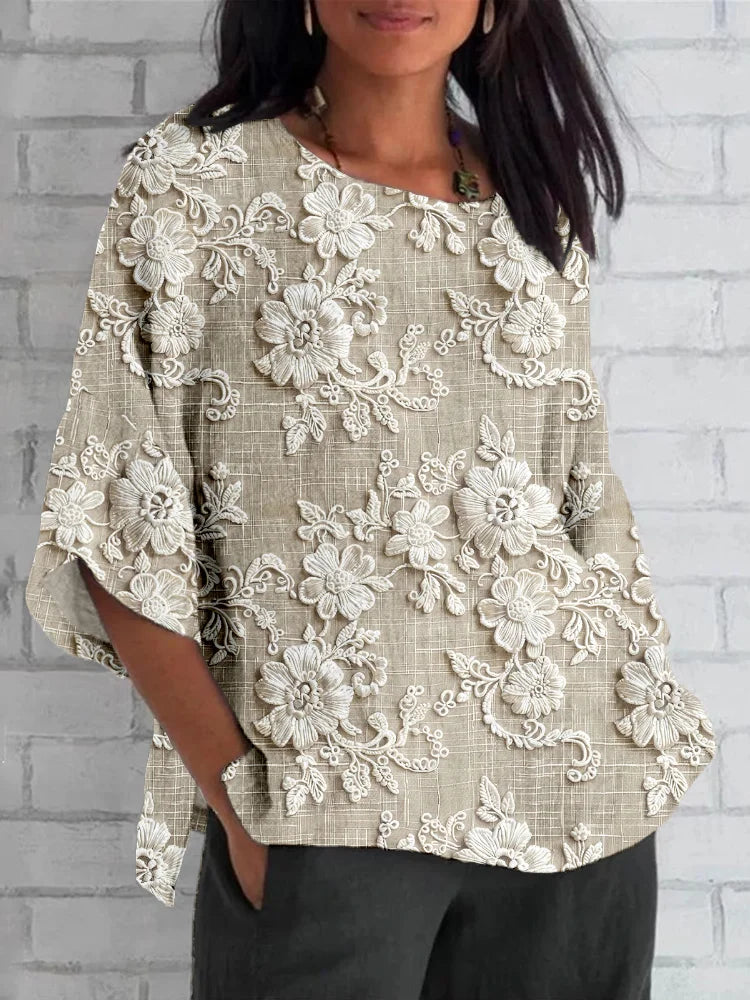 Shirin | Blusa de Cuello Redondo con Bordado Floral
