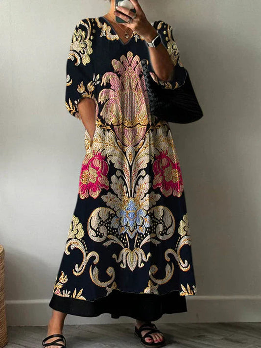 Alizah | Vestido Largo Con Cuello en V Y Estampado Floral