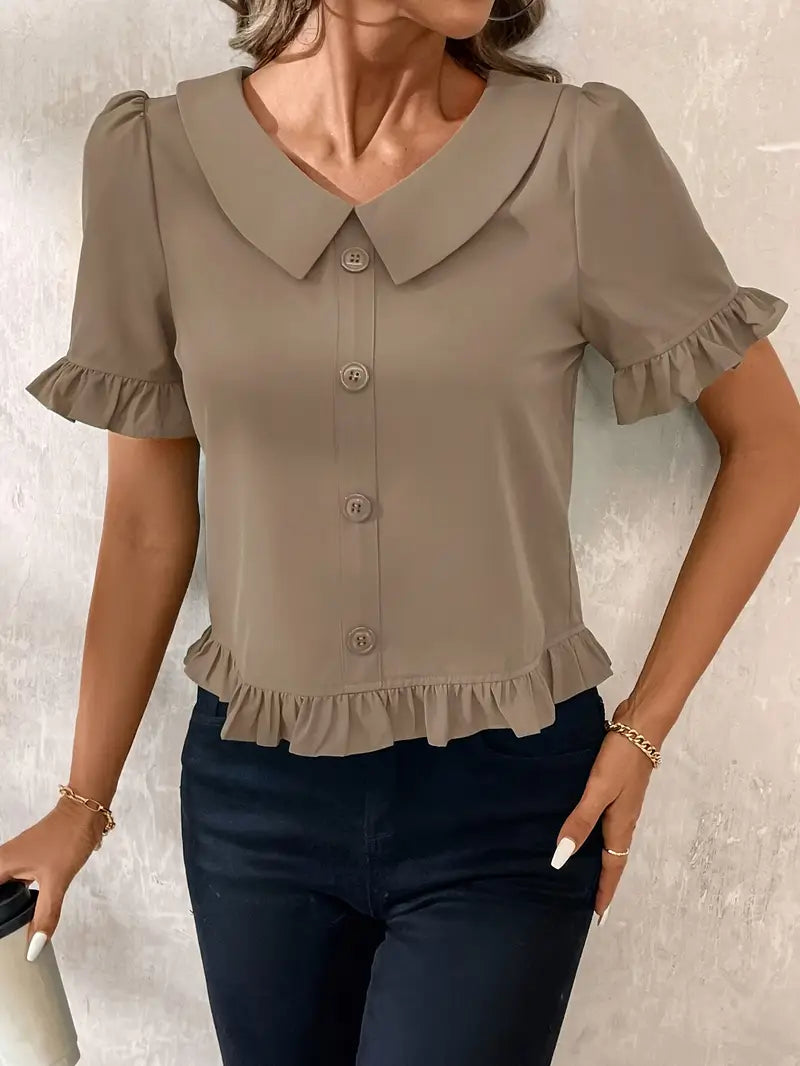 Foteini - Blusa de Manga Corta Con Cuello Peter Pan