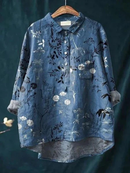 Emery - Blusa Con Estampado Floral Botones Cuello y Bolsillo en el Pecho