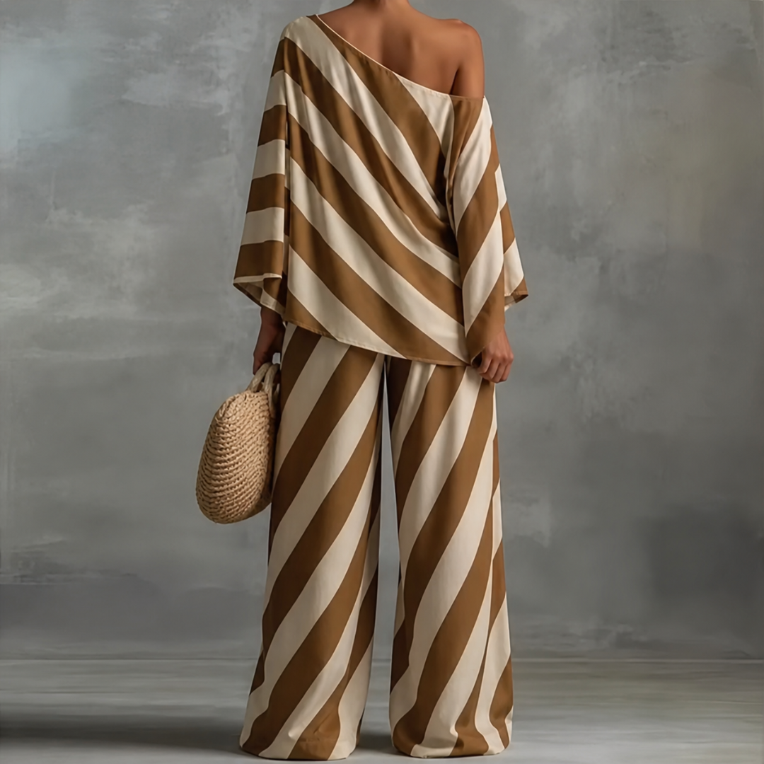 Elliotte - Conjunto de top de un solo Hombro a Rayas y Pantalones de Pierna Ancha