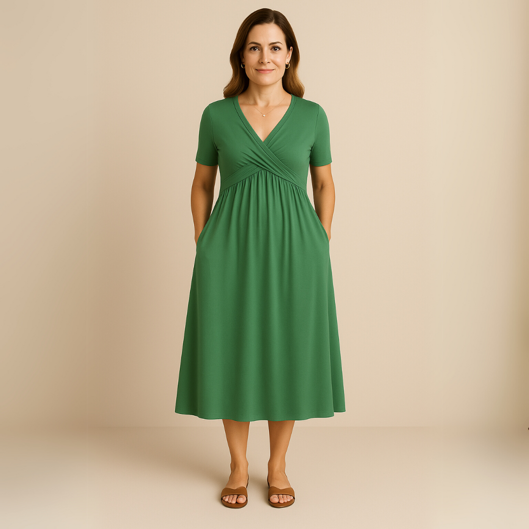 Bridgett | Vestido Midi Con Manga Corta y Corte Cruzado en la Parte Delantera