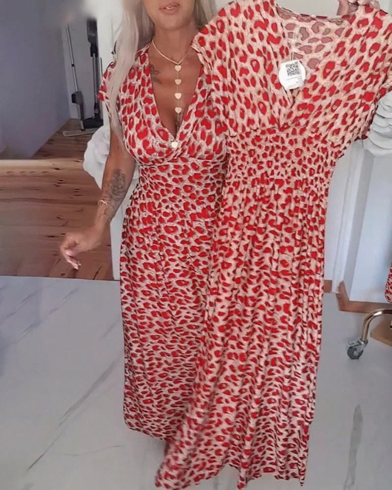 Erendira - Vestido Midi con Cuello en V y Estampado de Leopardo Manga Corta