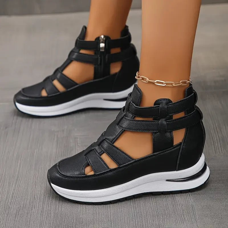 Souad - Sandalias de cuña con plataforma y tiras caladas con cremallera