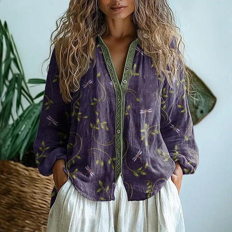 Ereinaa - Blusa de Manga Larga Con Estampado Floral yBbotones
