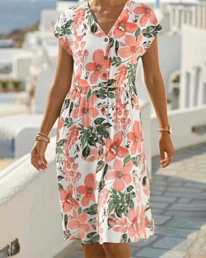 Sinera - Vestido Midi Con Cuello en V y Estampado Floral