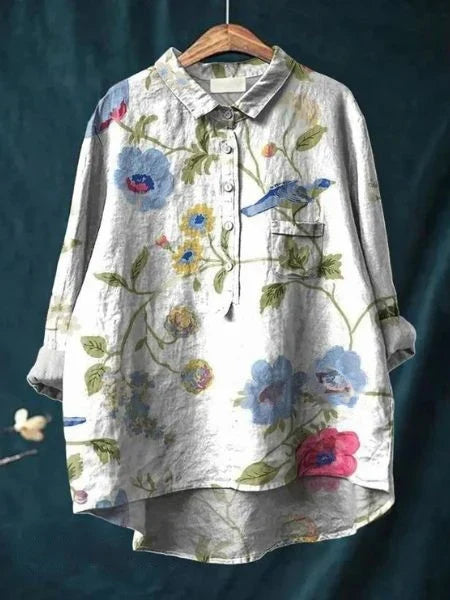 Emery - Blusa Con Estampado Floral Botones Cuello y Bolsillo en el Pecho