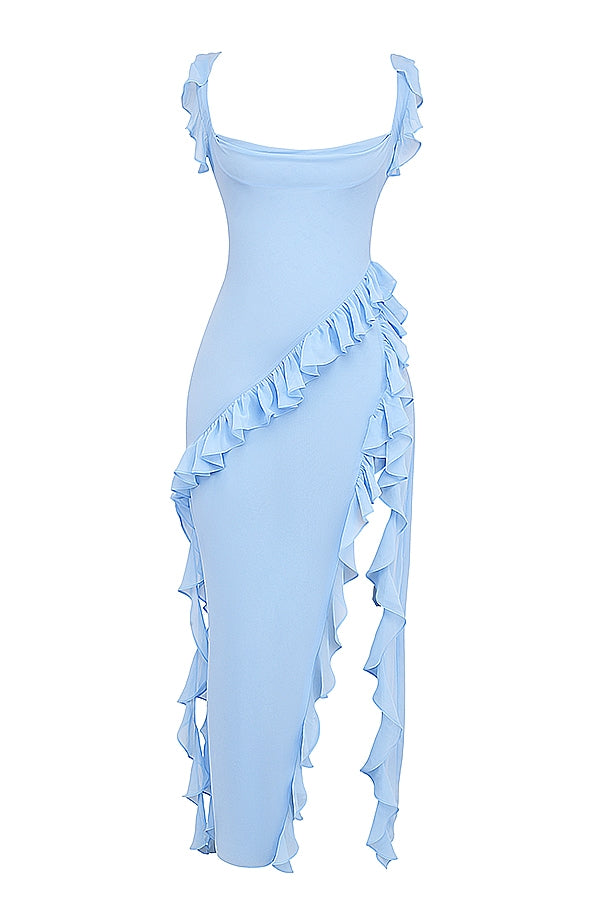 Dalia |Vestido Largo Sin Mangas Con Abertura y Ribete de Volantes