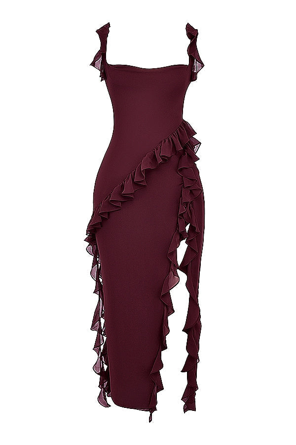 Dalia |Vestido Largo Sin Mangas Con Abertura y Ribete de Volantes